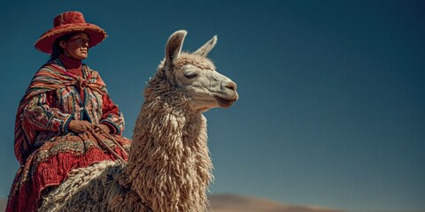 Fototapeta premium woman riding a llama mount