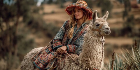 Fototapeta premium woman riding a llama mount