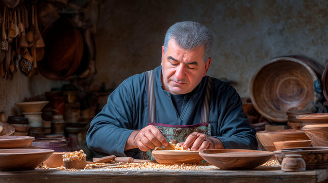 Mature caucasian craftsman carving wooden bowl in workshop with traditional tools focused artisan woodworking process