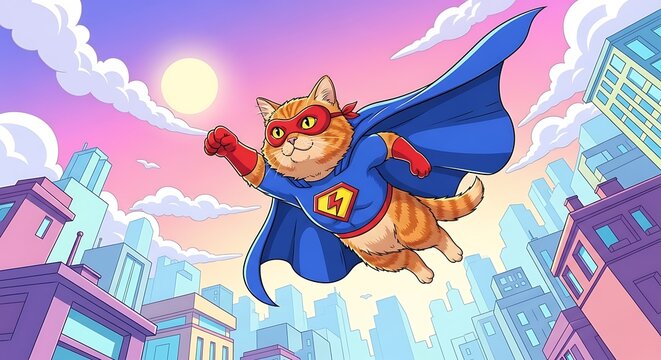 Supercat soaring through the city a heroic feline protector in flight