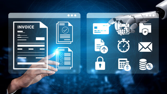 A robotic hand interacts with digital invoices and financial documents in a high-tech setting, showcasing innovative automation and efficiency in modern business processes. Ledger