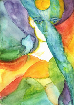 Abstract female face looking from behind a colorful veil, hand painted watercolor