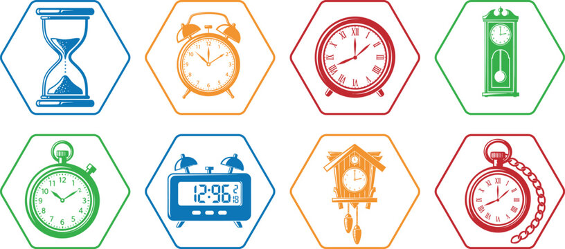 Clocks and timekeeping devices in a hexagonal grid vector