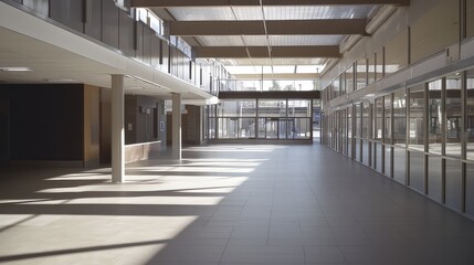 Naklejka premium Modern architecture of a spacious empty building interior features strong natural light and geometric shadows, creating a sense of openness and contemporary design