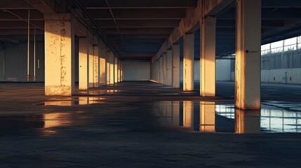 Naklejka premium Empty parking garage featuring a long row of concrete pillars, partially illuminated by warm sunset light reflecting off wet floor surfaces, generating a mood of solitude and urban decay