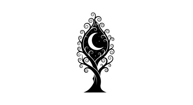 a black and white tree with a moon.