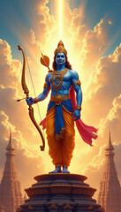 Fototapeta premium Lord Rama stands with bow and arrow on pedestal. Ornate temples flank a divine figure against a dramatic cloudy sky with golden light rays, symbolizing Hindu festival and spiritual power.