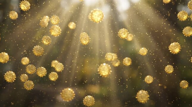 Microscopic yellow pollen spores floating in bright sun rays, golden colors, representing seasonal hay fever and allergy triggers
