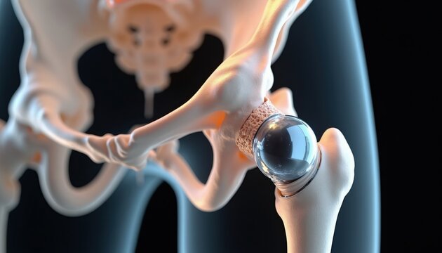 Close view medical diagram of human hip joint with prosthetic implant. Femur bone connects to pelvis bone with artificial ball and socket prosthesis. Advanced orthopedic surgery illustration.