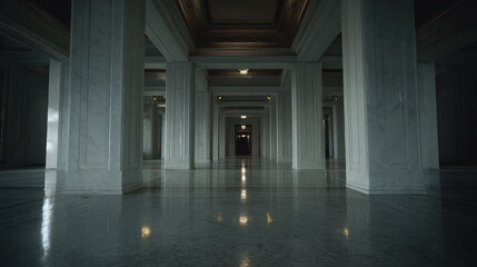 Naklejka premium Grand lobby hall featuring numerous marble columns and polished floor, creating a deep perspective with reflections and leading lines towards a distant, softly lit doorway