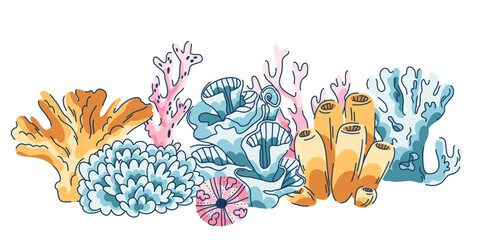 Linear composition of coral reef on seabed in doodle style isolated on white, various polyps and anemones © Senaysky