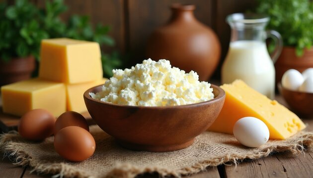 Farm fresh dairy products including cheese, cottage cheese, milk, eggs arranged on rustic wooden table. Ingredients for healthy breakfast cooking presented in natural setting with earthenware pots,