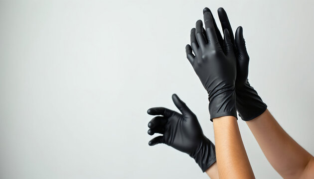 Hands wear black latex gloves, preparing for work or medical procedure. Clean protective gear for safety and hygiene. Sterile equipment ready for use. Objective view.