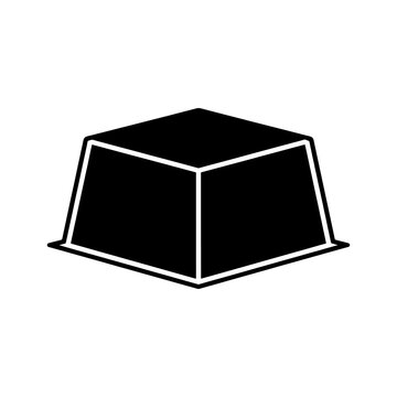 A minimalist depiction of a geometric shape resembling a truncated pyramid outlined in white silhouette