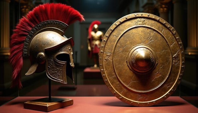 Ancient Greek Corinthian helmet with red crest and bronze shield displayed in museum. Warrior armor artifact from ancient Greece. Historical battle gear for collection.
