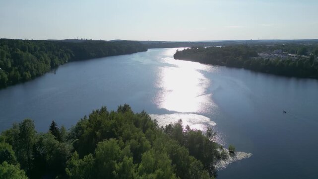 Aerial Drone View of Kaukaj&auml;rvi Lake in Kangasala Finland at Sunny Summer Evening Sunset