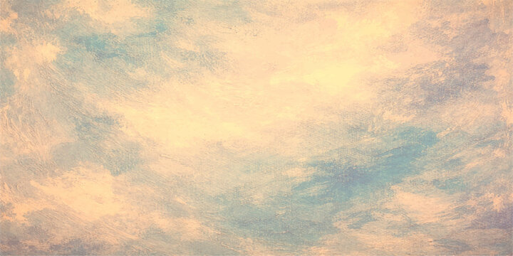 Abstract sunset landscape features a grunge sky background with pink and orange clouds on old paper texture to create a bright nature cloudscape