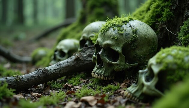 Green moss covers human skulls scattered on forest floor. Dead bones lie among trees and undergrowth. Spooky, eerie scene with natural decay. Grim atmosphere in damp woods.