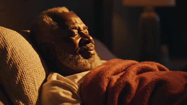 Elderly Man Resting Comfortably In Bed Under Warm, Cozy Ambient Lighting