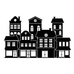Fototapeta premium Silhouette of various buildings in a city, black and white illustration.