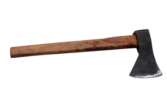 Old wooden handled axe with a weathered metal head on a white background