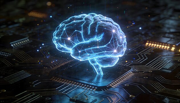Artificial Intelligence Concept with Glowing Digital Human Brain on Computer Motherboard and CPU Circuit