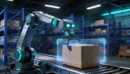 Fototapeta premium Robotic Arm with Digital Interface Scanning and Picking Cardboard Box in Warehouse