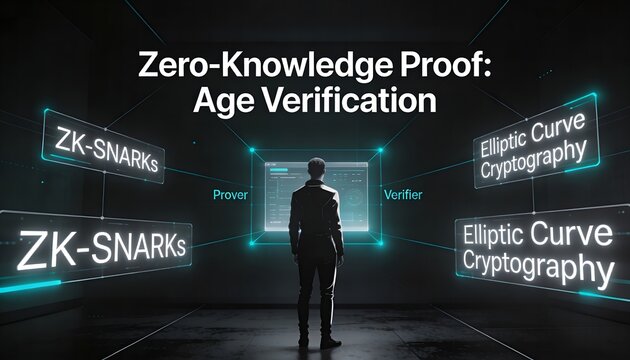Zero-Knowledge Proof Concept for Age Verification. Man in Front of Digital Interface with ZK-SNARKs and Cryptography Text