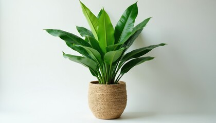 Fototapeta premium Green potted plant with large leaves in a woven basket on a white background. This tropical foliage adds natural decor to indoor spaces. Healthy green plant for home.