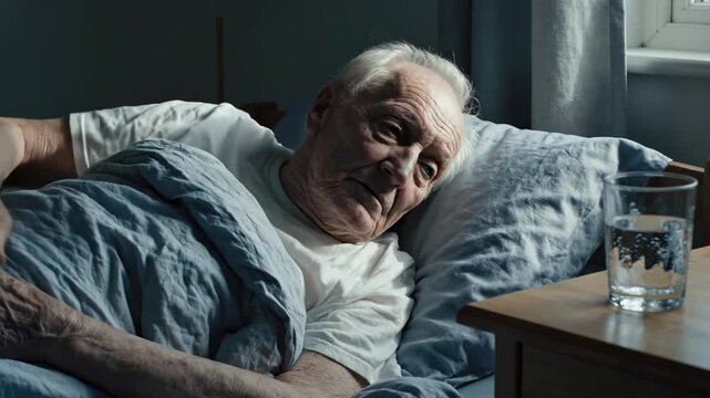 Elderly Person Relaxing In Bed Before Sleeping With A Glass of Water Nearby