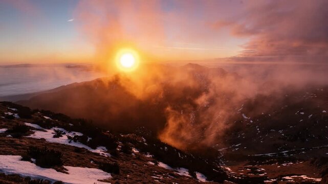 Golden Sunset Over Misty Alps Mountains in Peaceful Evening Nature, Timelapse