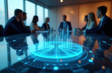 Obraz premium Business team in boardroom discusses strategy with holographic data projection. Futuristic tech shows charts and graphs on table. People in suits review finance information.