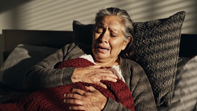 Elderly Woman Cries in Bed Wrapped in a Blanket, Suffering in Solitude Under The Sunlight