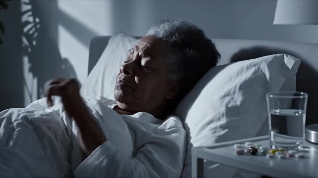 Elderly Woman Experiencing Insomnia and Contemplating Medication in Bed at Night