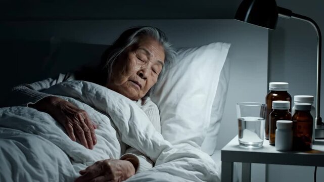 Elderly Woman in Bed, Taking Medication During The Night, Insomnia Remedy Concept