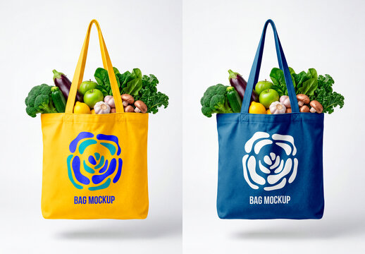 Reusable grocery tote bag filled with fresh vegetables and fruits