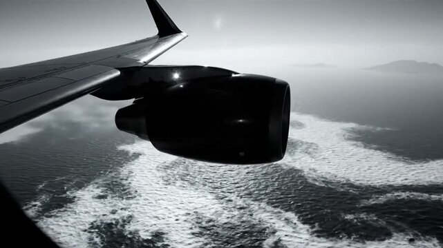 Black and white view from airplane window over ocean with jet engine and wing