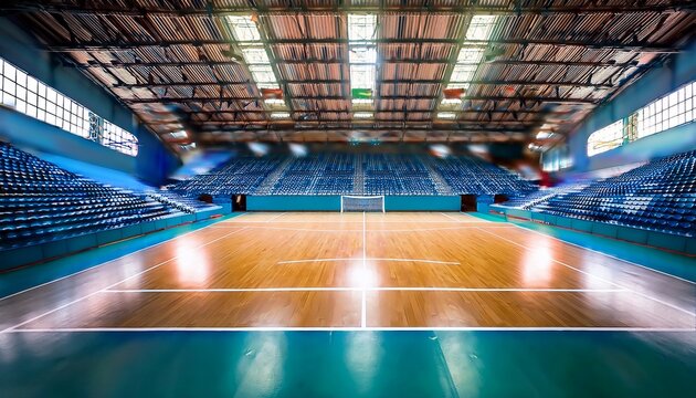 a stunning image of blurred background of a futsal arena with an empty court and seating area the image captures the indoor sports facility highlighting the court markings and