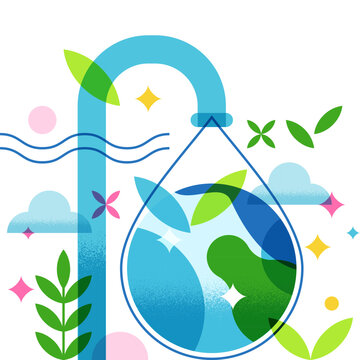 Save water concept vector illustration. Water tap dripping large drop with Earth globe. Design for ecology and nature