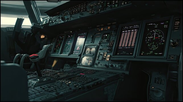 Airplane cockpit with modern flight deck instruments and controls
