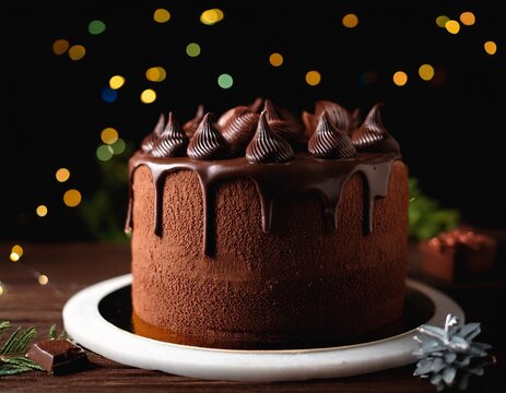 cinematic film still chocolate chocolate cake dark background moist texture with extra frosting on top
