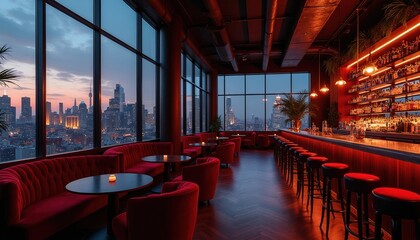 Naklejka premium Luxurious bar with red velvet seating offers panoramic city views at twilight. Elegant lounge features well-stocked bar with ambient lighting. Perfect for evening drinks and sophisticated gatherings.