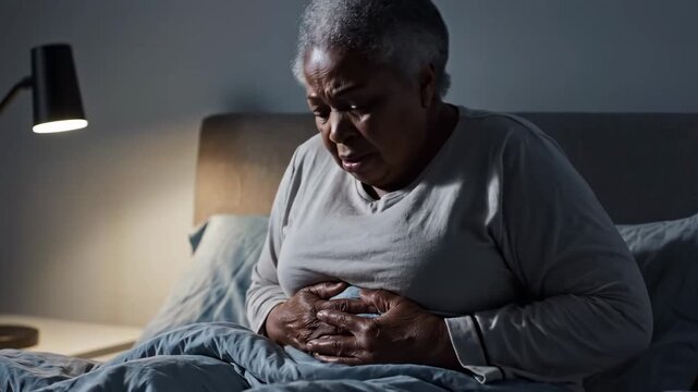 Elderly Woman Wakes Up In Bed, Clutching Her Stomach, Indication of Discomfort