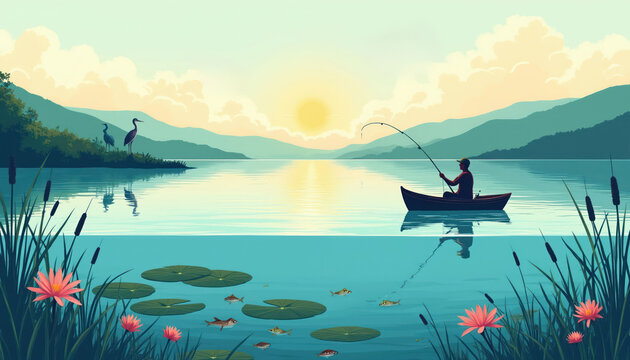 Fisherman in small boat casts fishing rod on calm lake at sunrise. Birds stand on shore near trees. Underwater life with fish and lilies shown.
