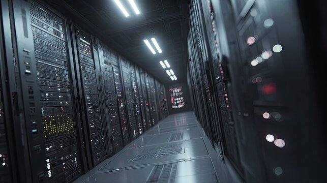 Server room aisle of modern digital computing infrastructure