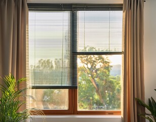 Fototapeta premium stunning photo of interior window with energy efficient cellular shades featuring honeycomb design for superior thermal insulation and light control