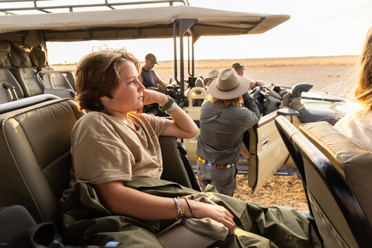 family experiencing a mobile safari, Makgadikgadi National Park, Botswana, Africa