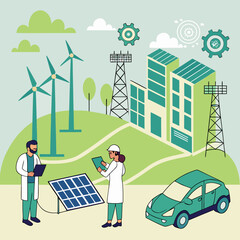 Renewable energy with scientists and eco-friendly vehicles solar panel wind turbines © Hasen