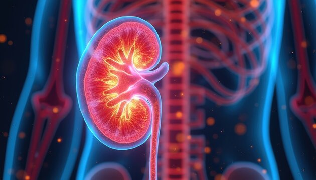 Close up of human kidney anatomy showing internal filtering system. Blood vessels and urinary tract with glowing nephrons and internal structure. Medical illustration displays kidney function.