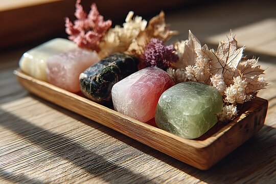 Curated crystal stones layout on minimalist bamboo spa surface images